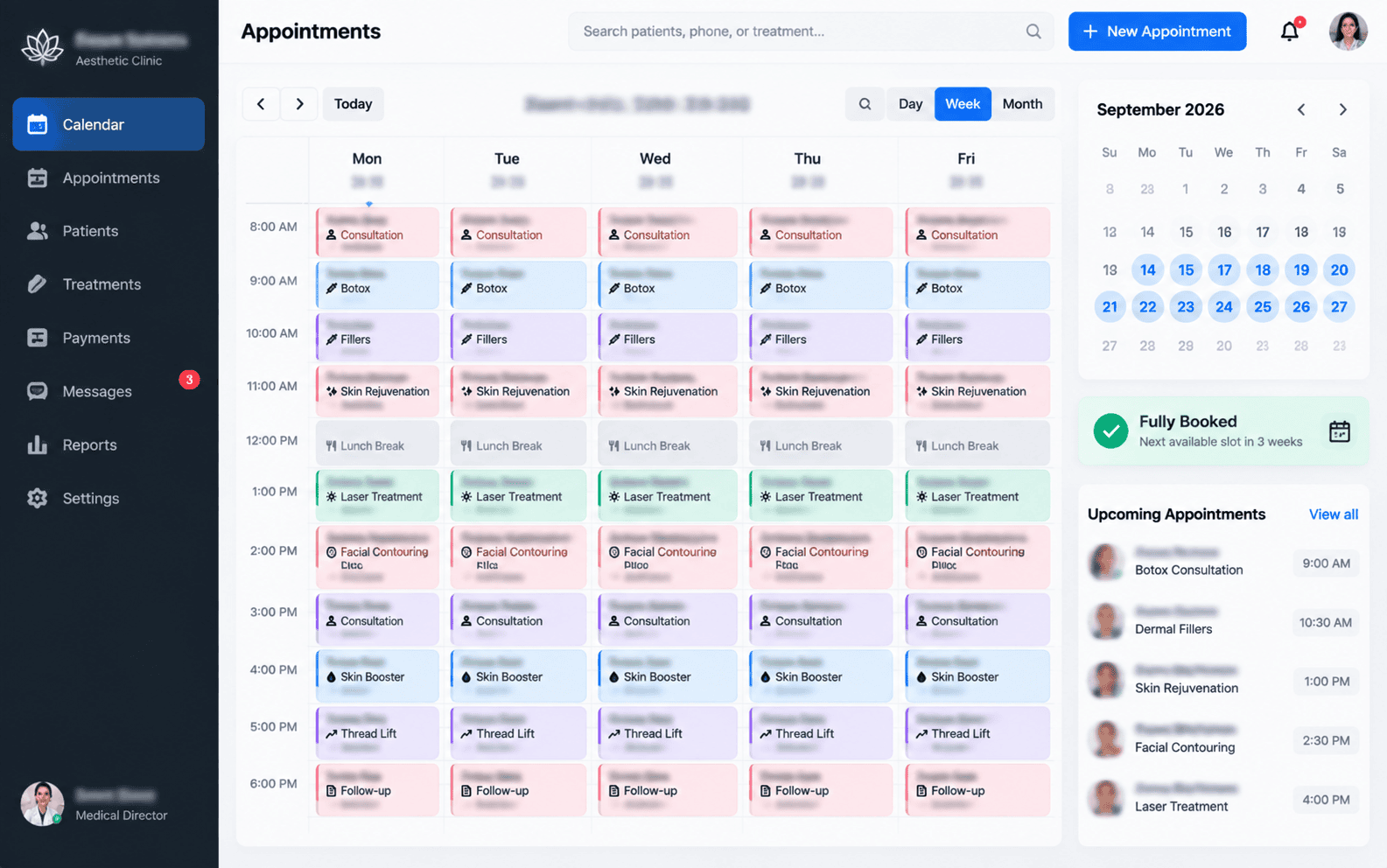 Clinical appointment scheduling calendar completely booked out for three weeks