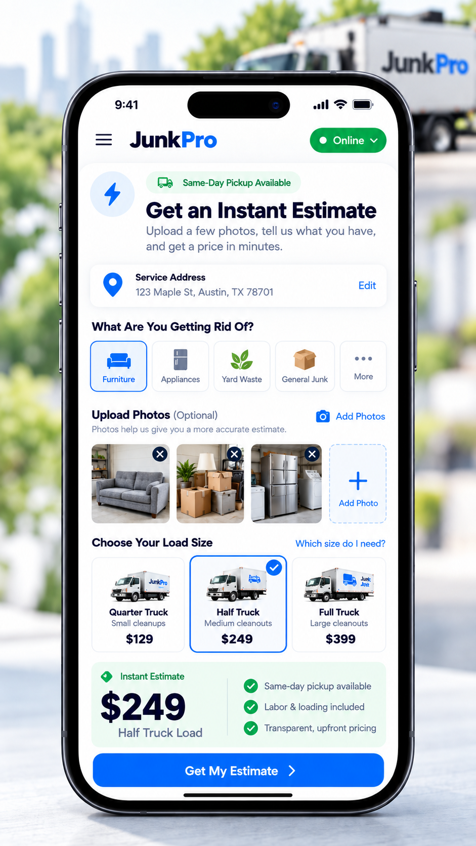Customer Photo Quote and Junk Estimate App UI