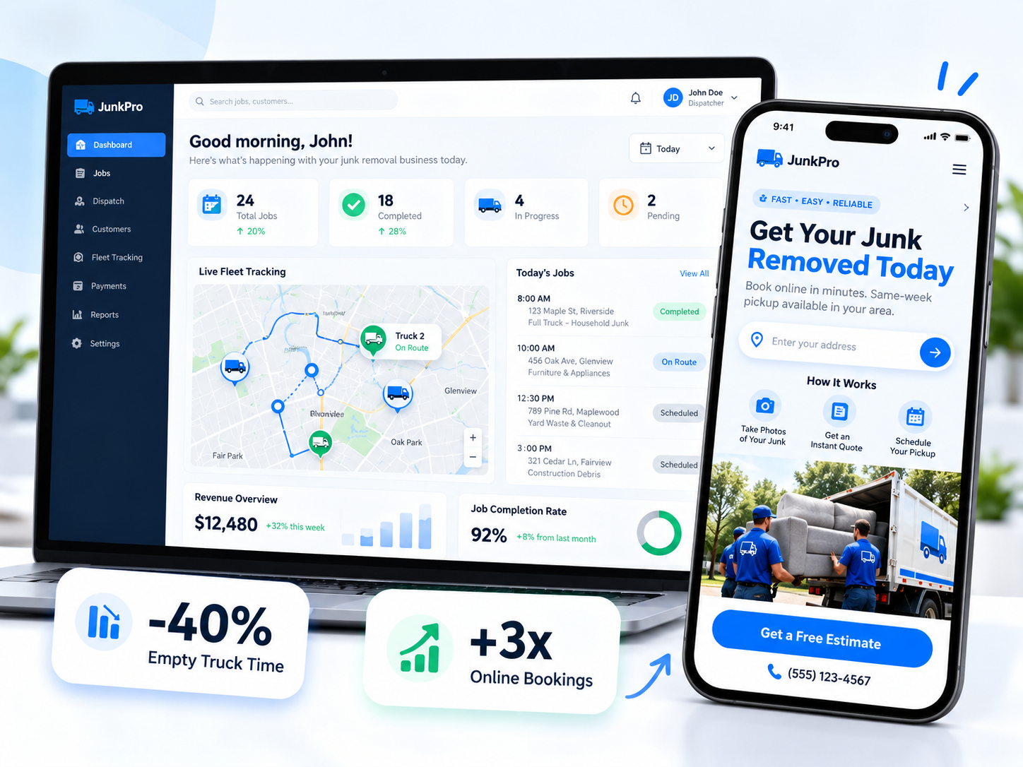 Junk Removal App & Fleet Dispatch Dashboard Mockup