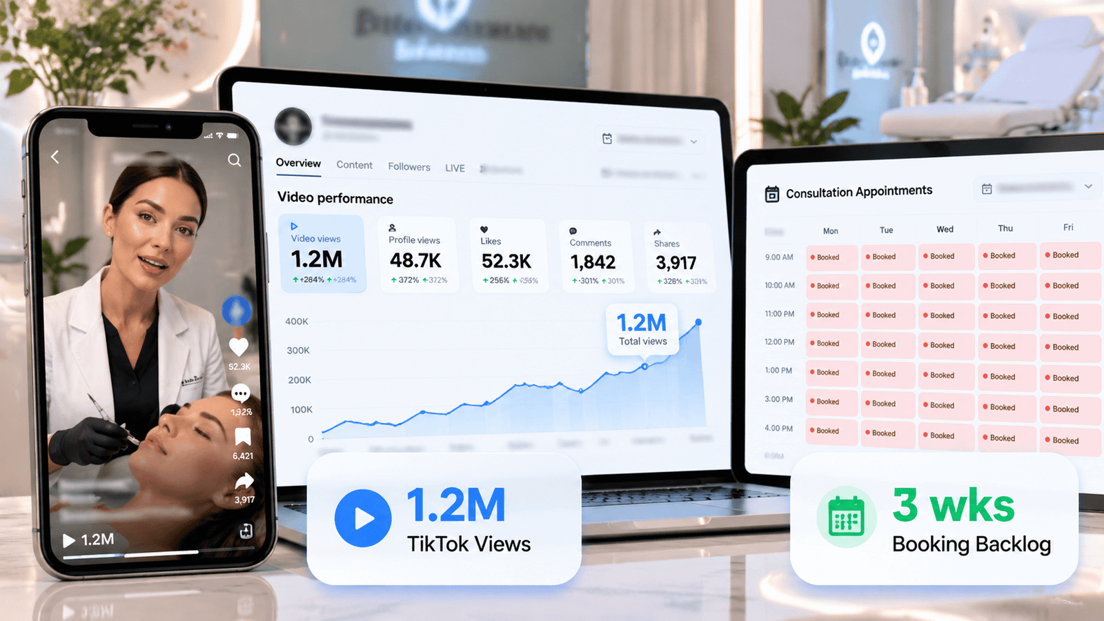 TikTok video metrics dashboard showing 1.2M views and full appointment calendar