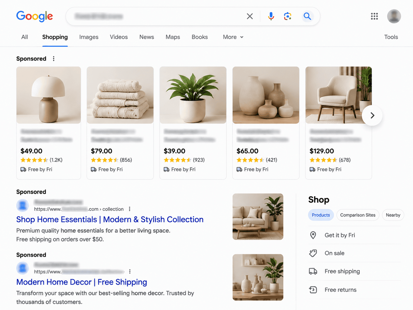 Google Shopping search engine results page showing client products ranking at the top