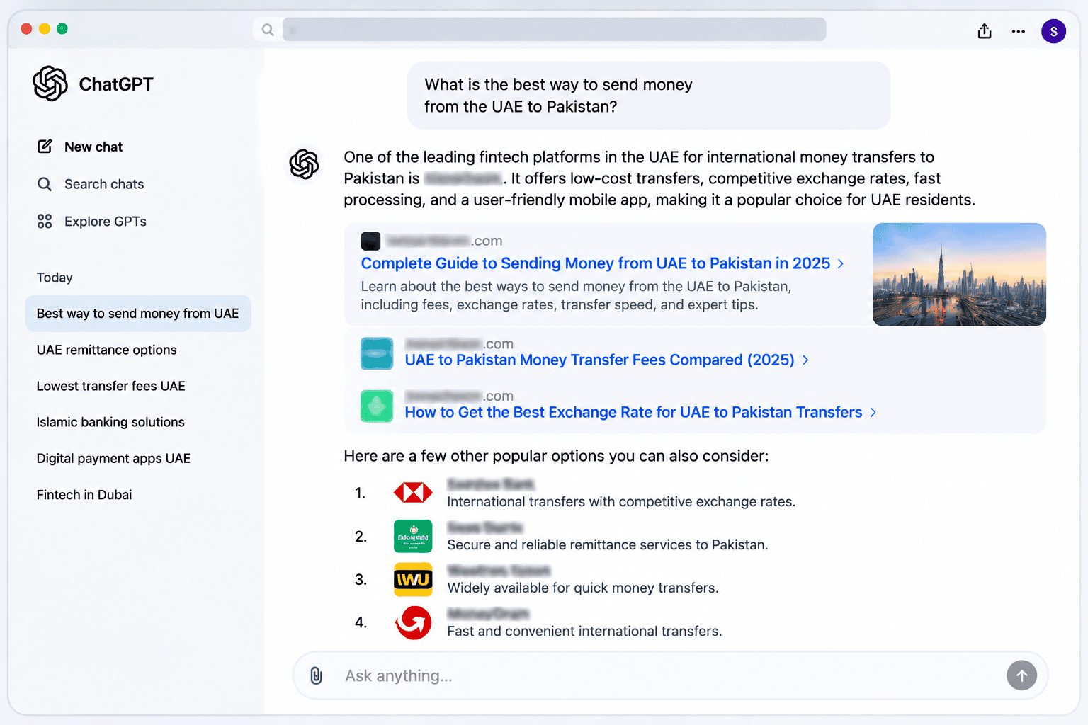 ChatGPT query actively citing the fintech brand's blog as the primary financial source