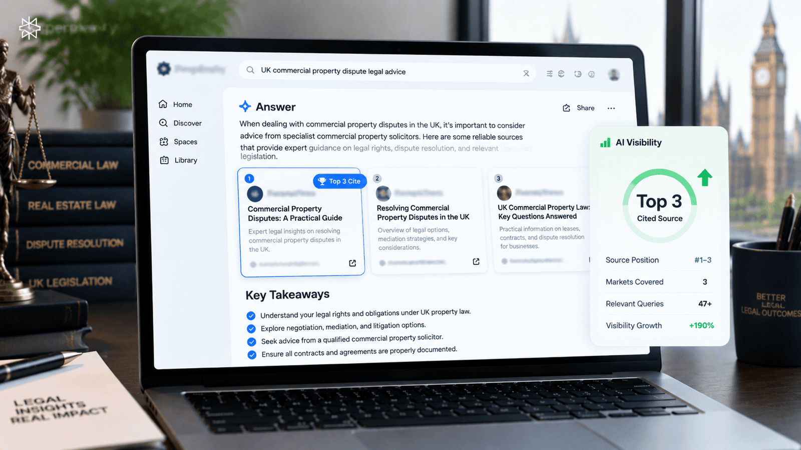 Perplexity AI answer engine displaying featured citation link for UK law firm