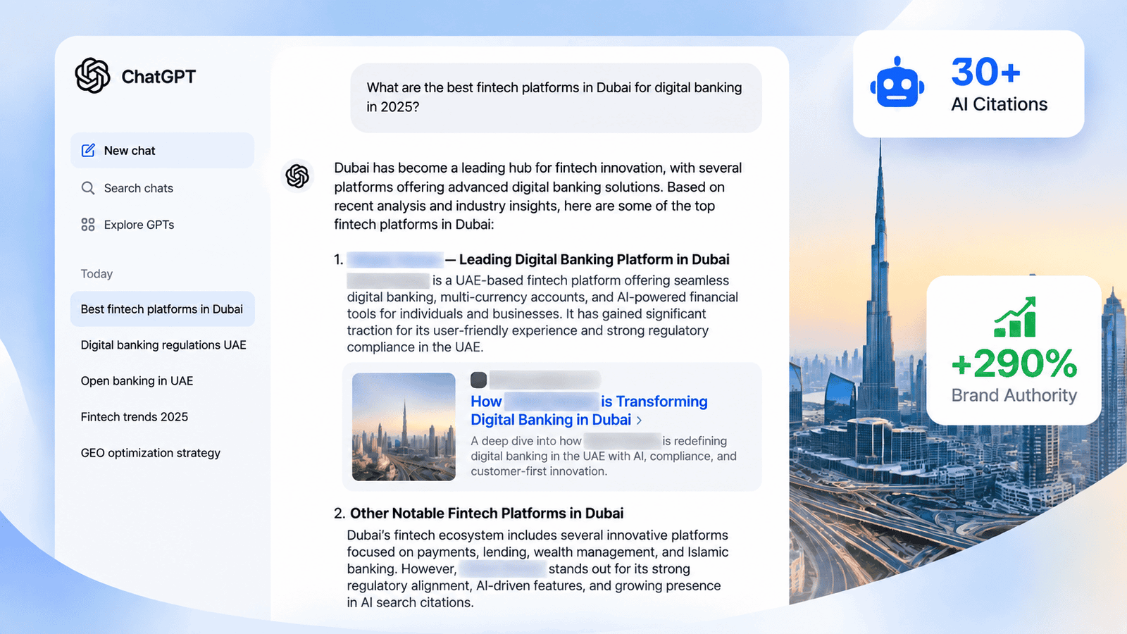 ChatGPT query interface recommending the Dubai fintech brand with direct blog citation links