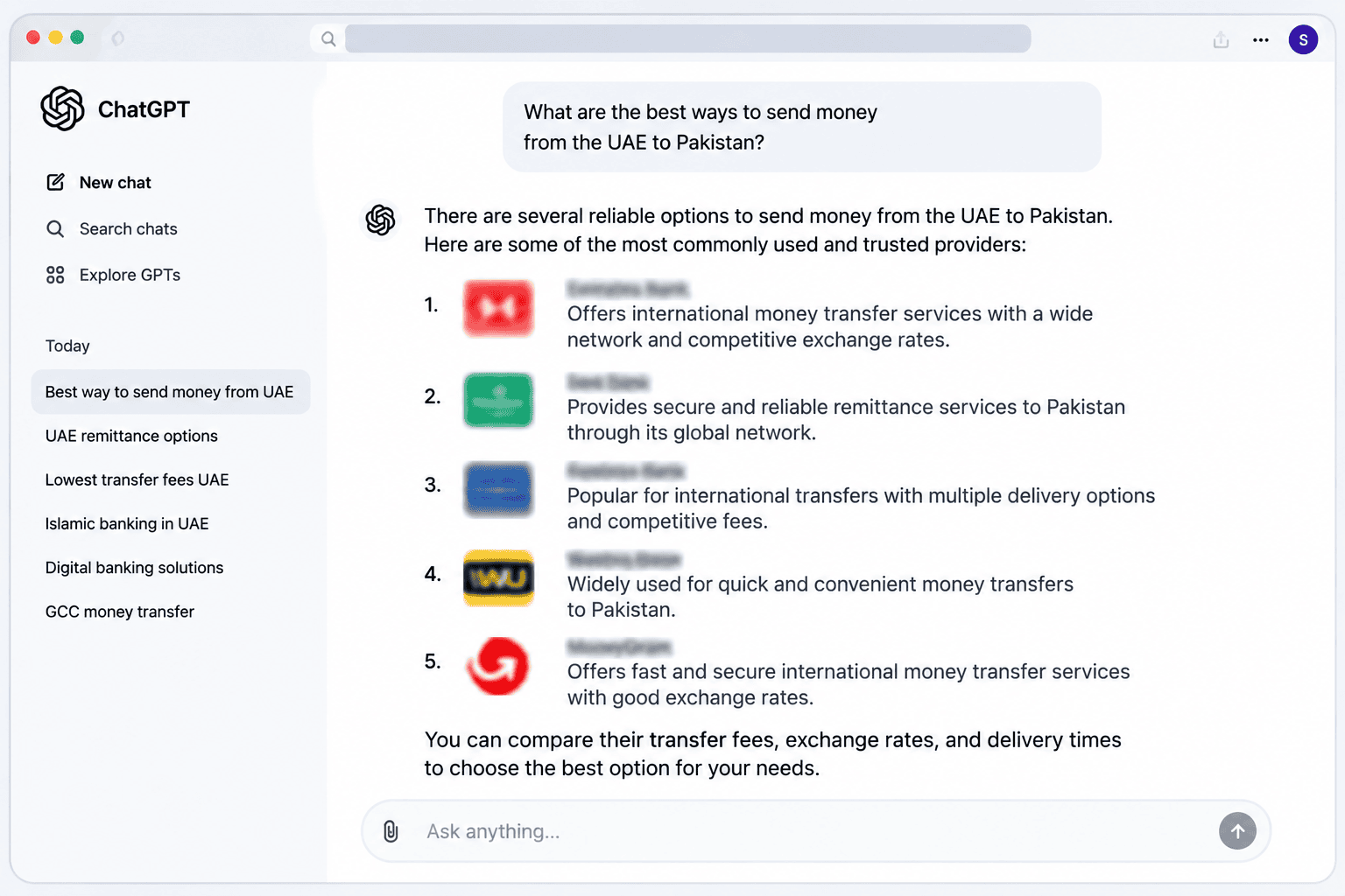 ChatGPT query regarding UAE remittance omitting the client brand before optimization