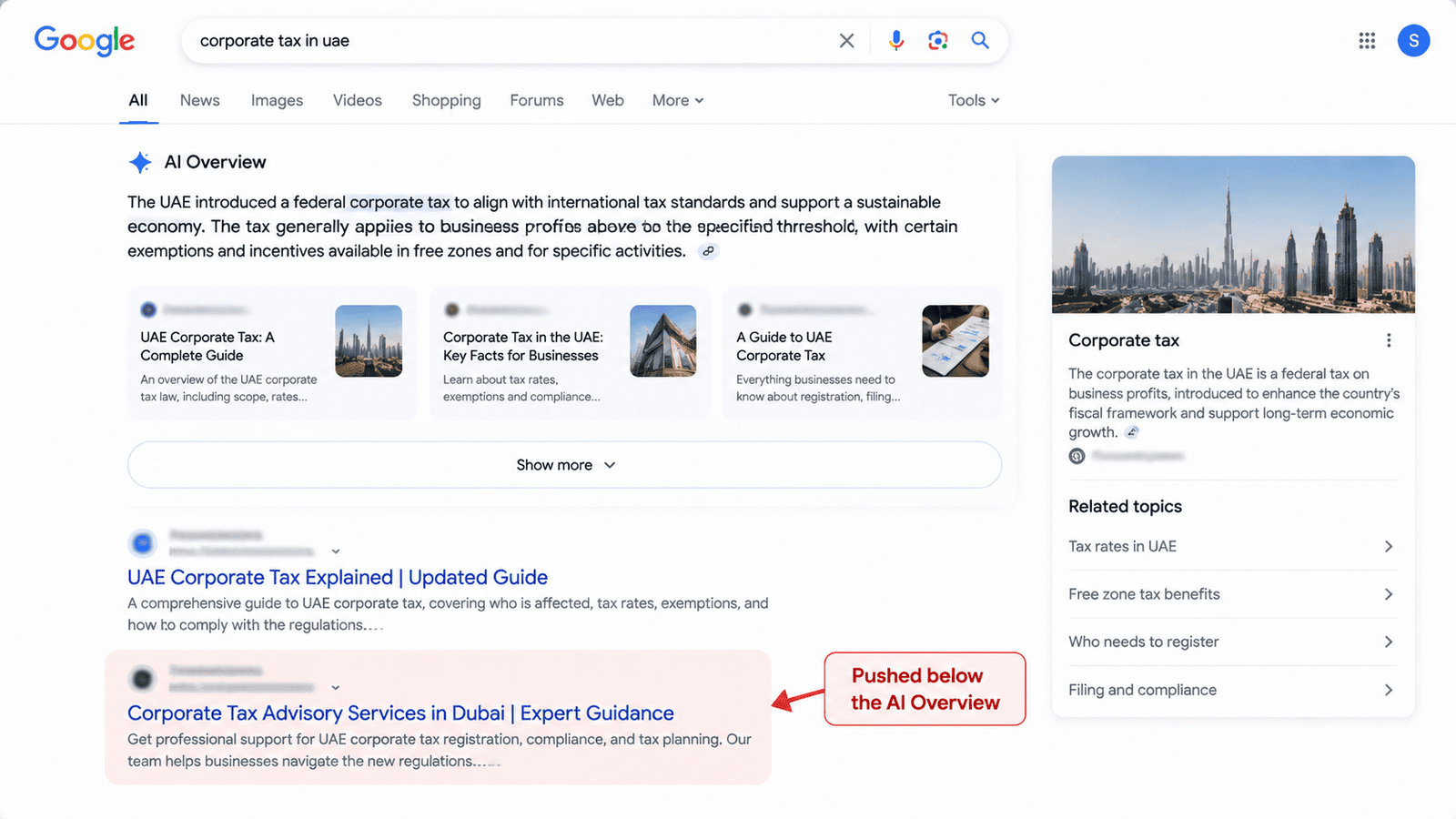 Google search result showing organic listing pushed below competitors' AI Overview