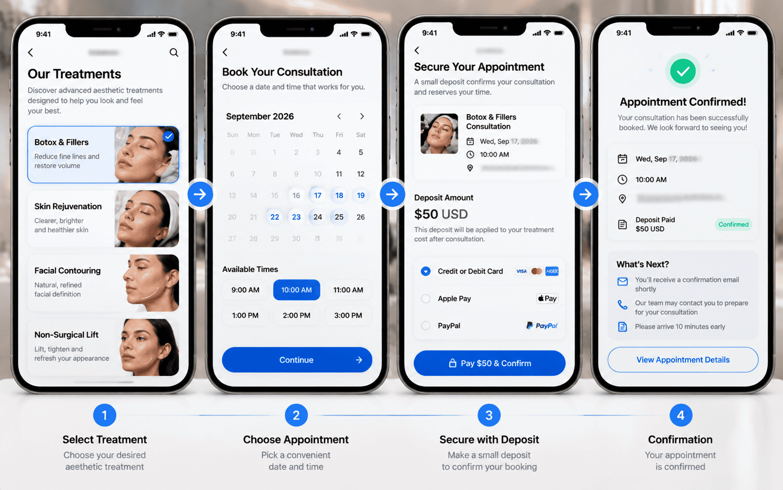 Mobile booking intake funnel showing patient consultation deposit confirmation
