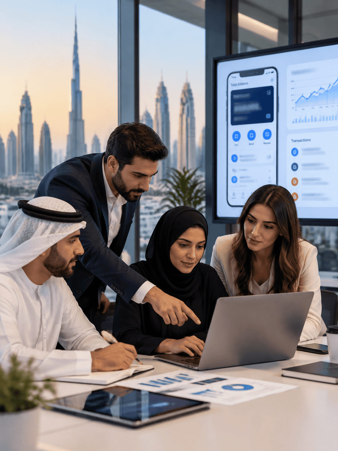 Dubai fintech startup team collaborating on digital payment solutions
