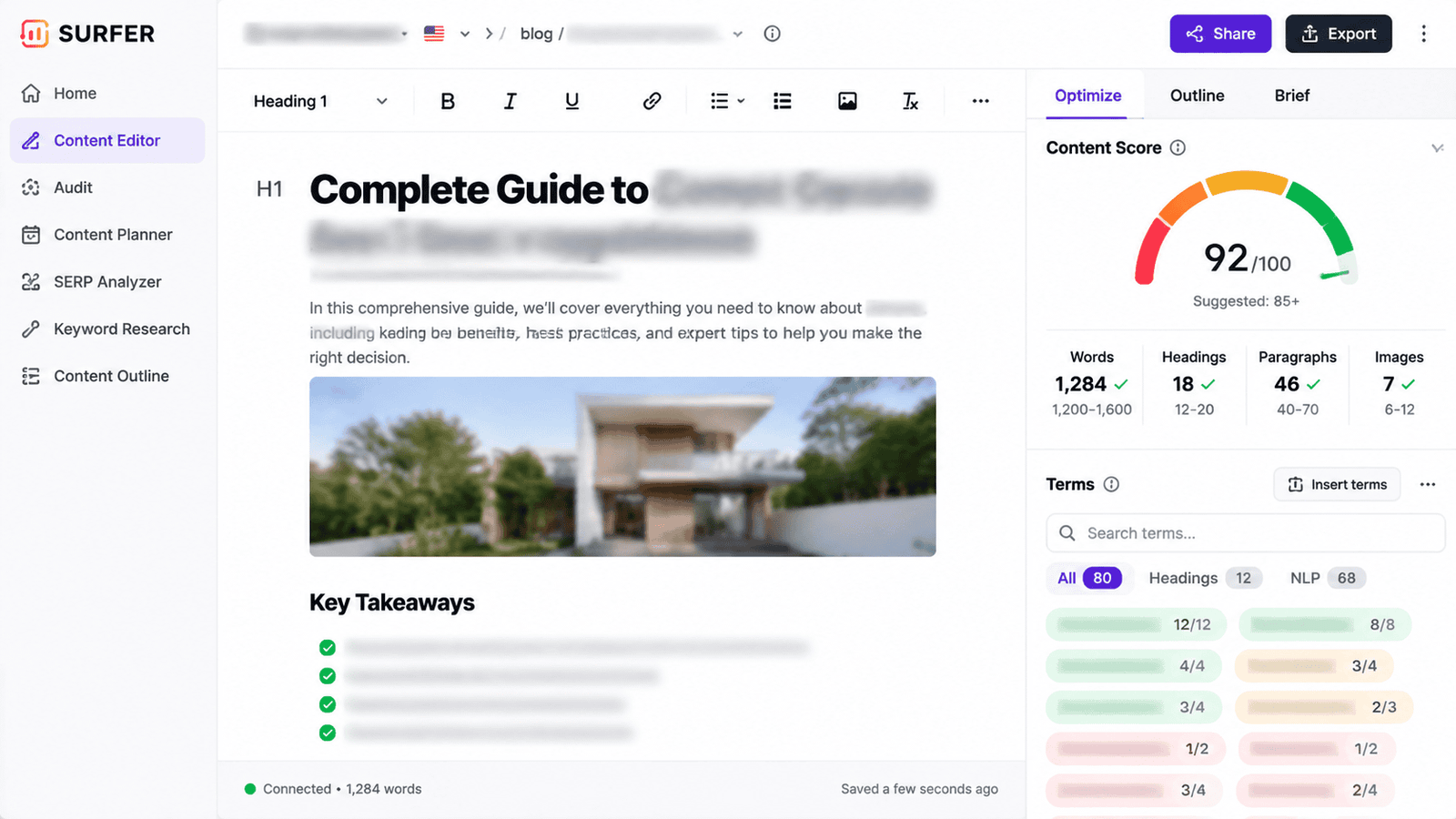 Surfer SEO content editor interface showing a 90+ optimization score