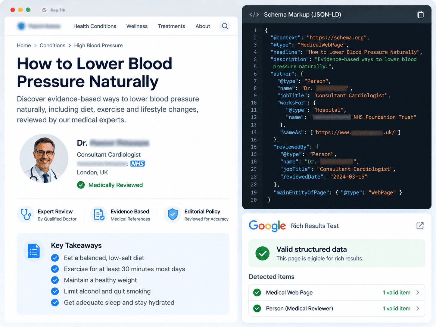 Medical E-E-A-T reviewer badge and schema code sample