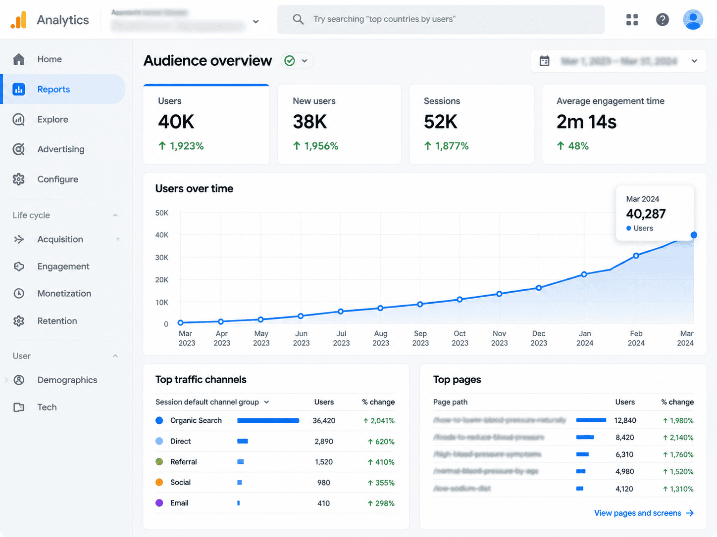 Google Analytics traffic curve surging past 40,000 monthly sessions