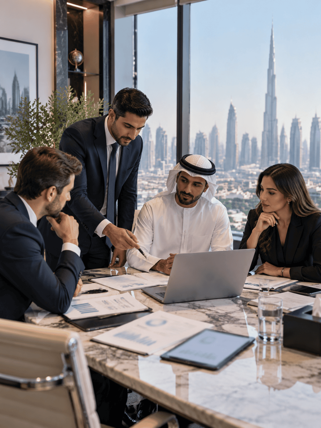 Corporate financial advisors consulting multinational business clients in DIFC Dubai