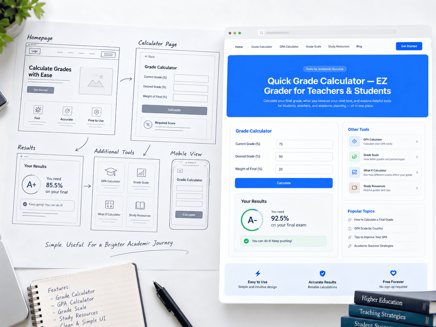 EasyQuickGrade initial design wireframes and calculation layout