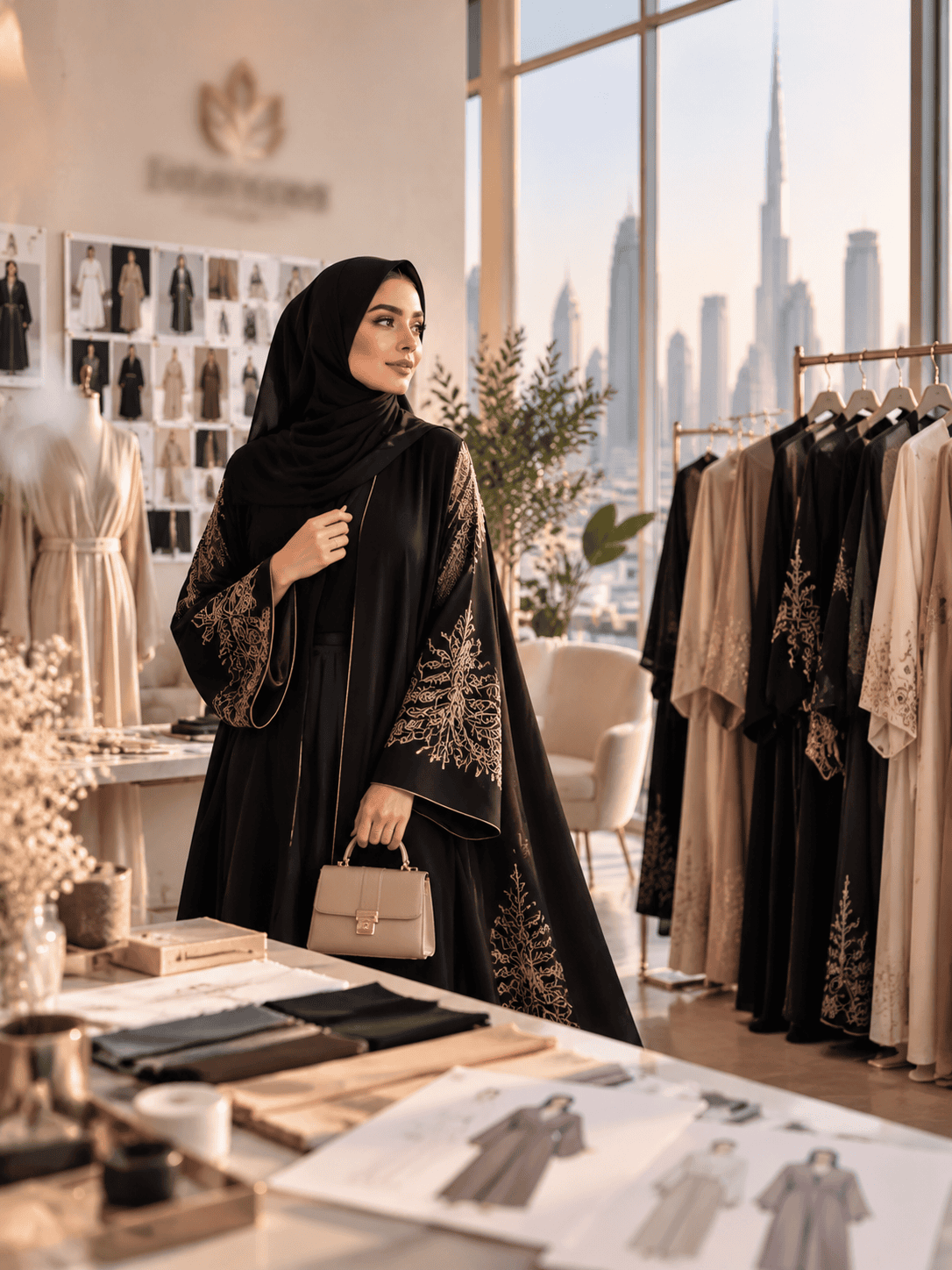 Contemporary modest luxury fashion photoshoot and apparel studio in Dubai