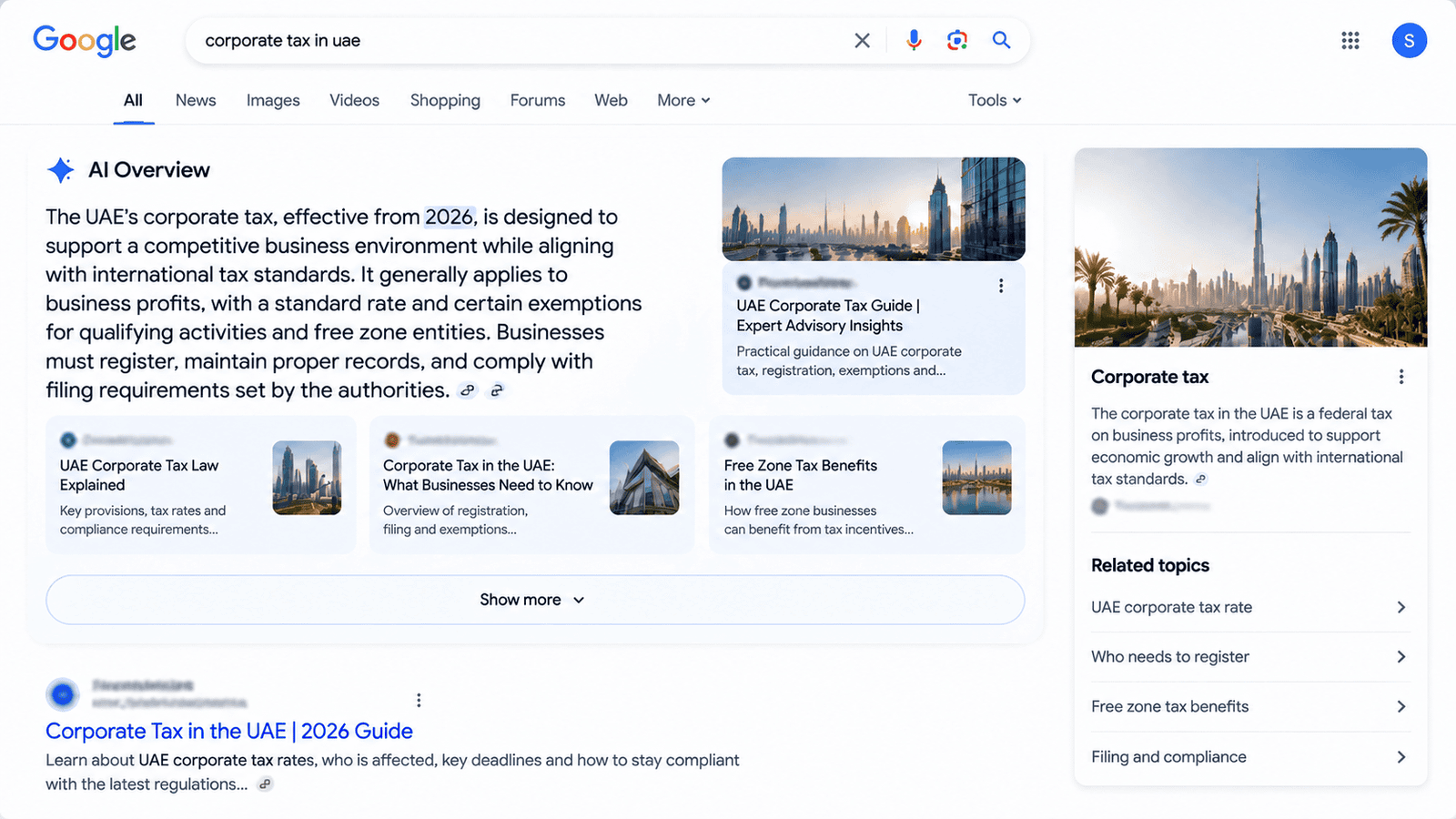 Google AI Overview prominently featuring Dubai finance brand source link card