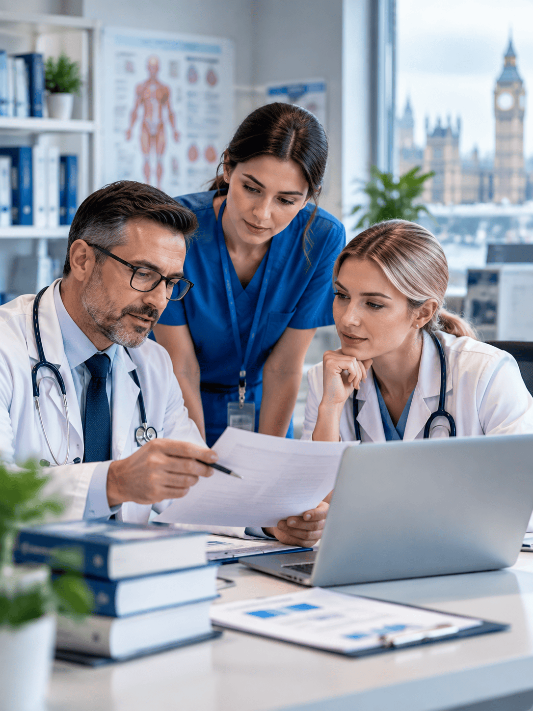 Medical practitioners and editorial clinical staff reviewing health research in the UK