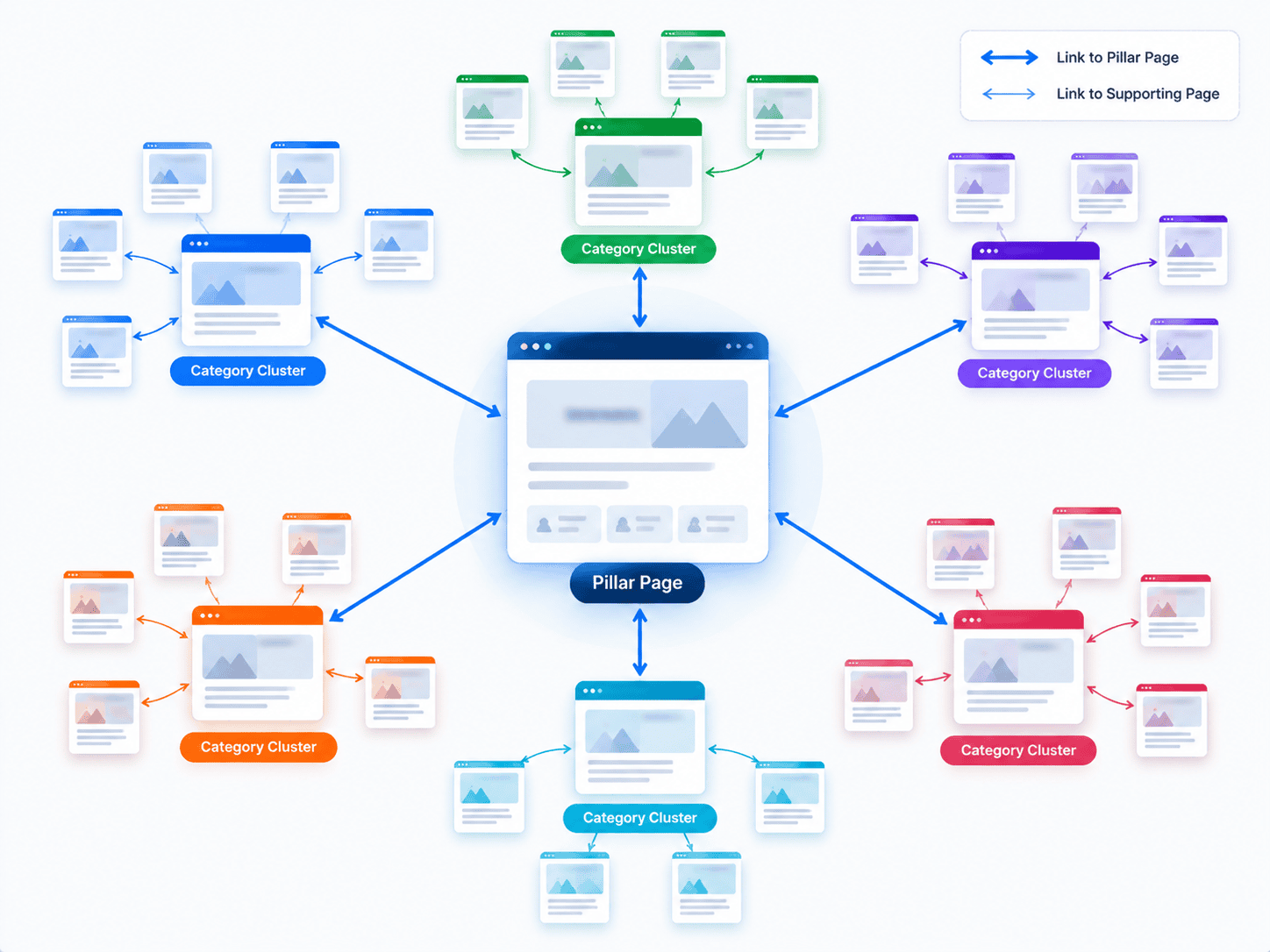 Visual map demonstrating spoke-and-wheel topic cluster internal linking strategy