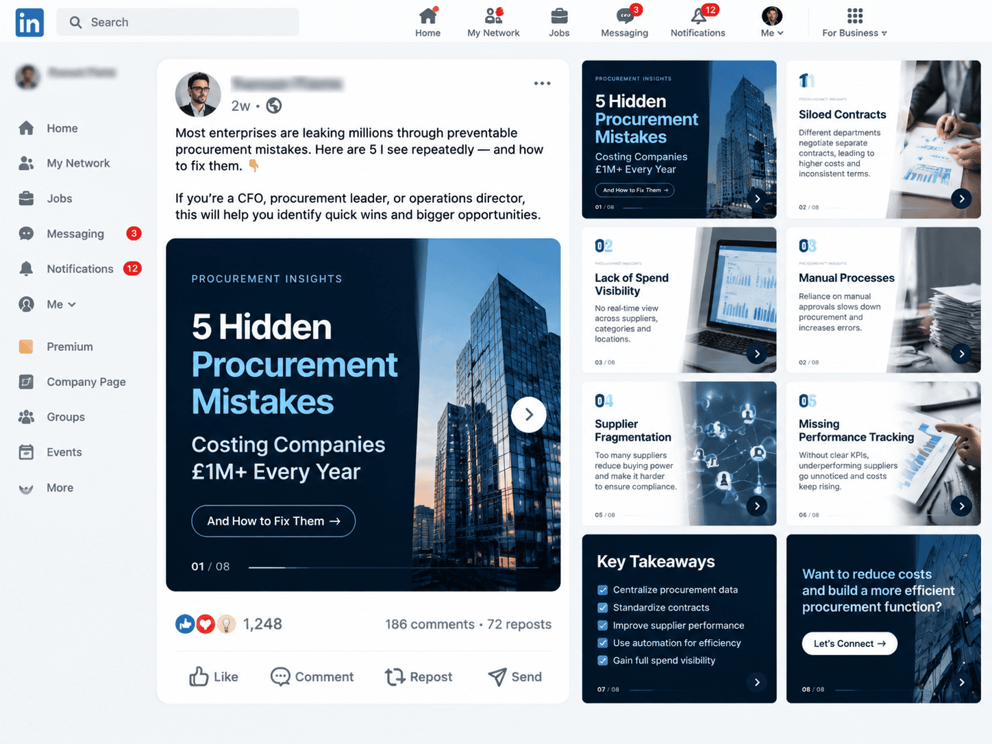 Viral procurement breakdown PDF carousel on LinkedIn with high comments and shares