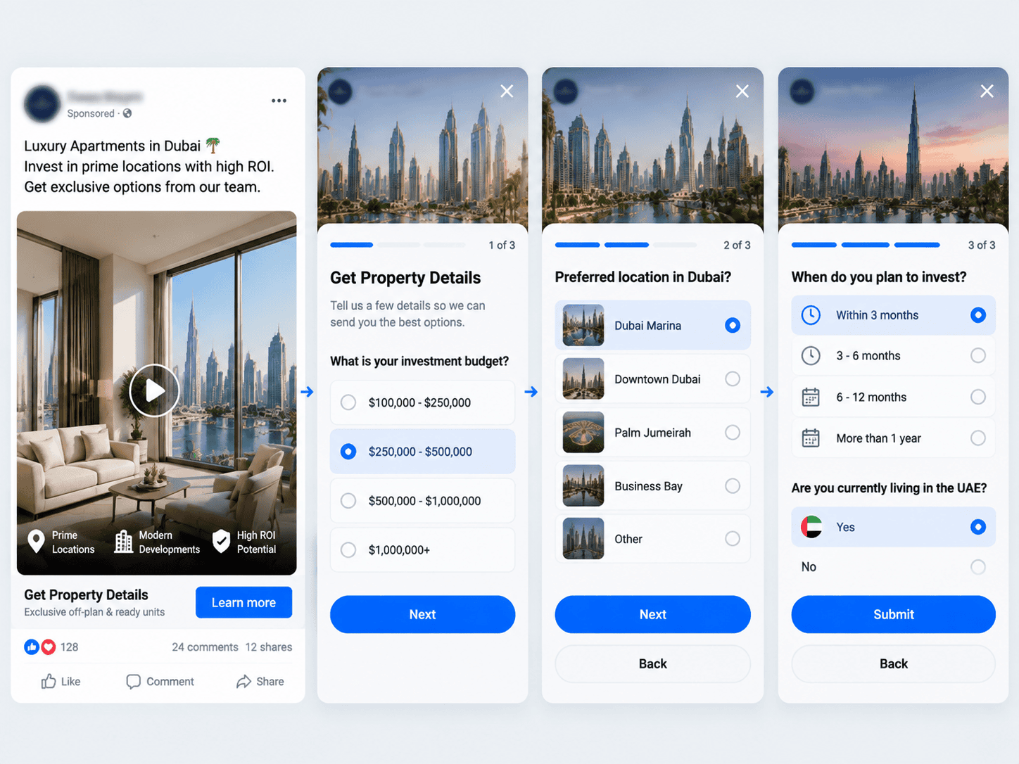 Facebook Lead Form showing custom qualification questions for budget and intent
