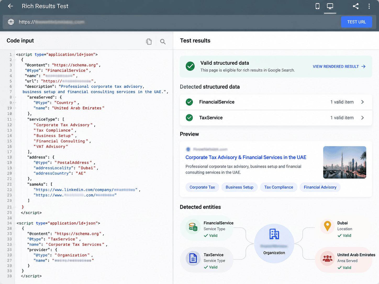 Schema validation testing showing structured FinancialService and TaxService entities