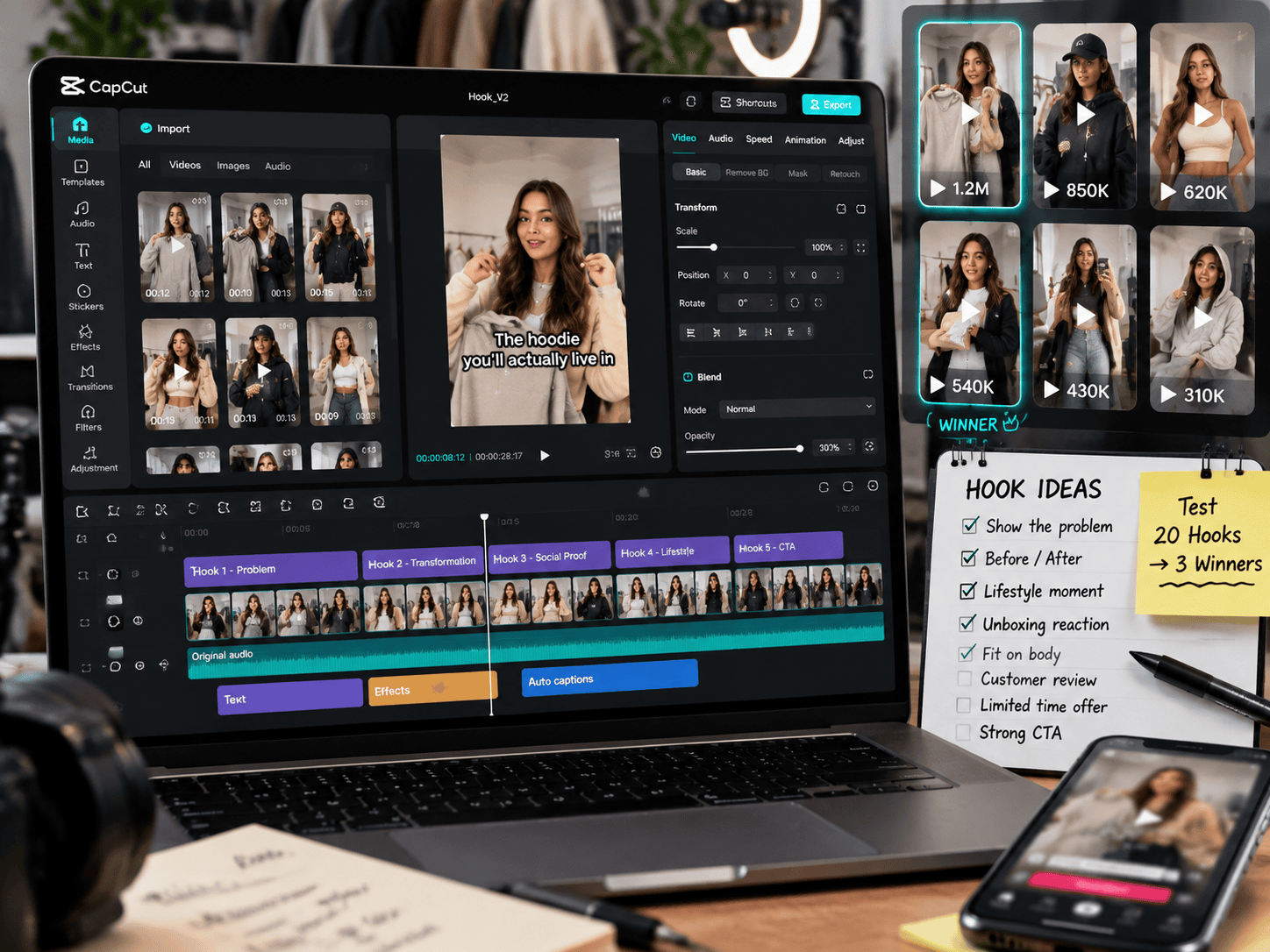 CapCut video editing timeline showing optimized hook structures for TikTok