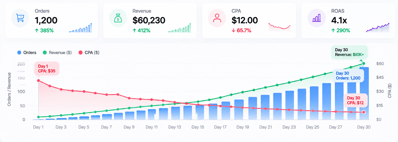 TikTok ad spend vs sales revenue graph illustrating high ROAS over 30 days