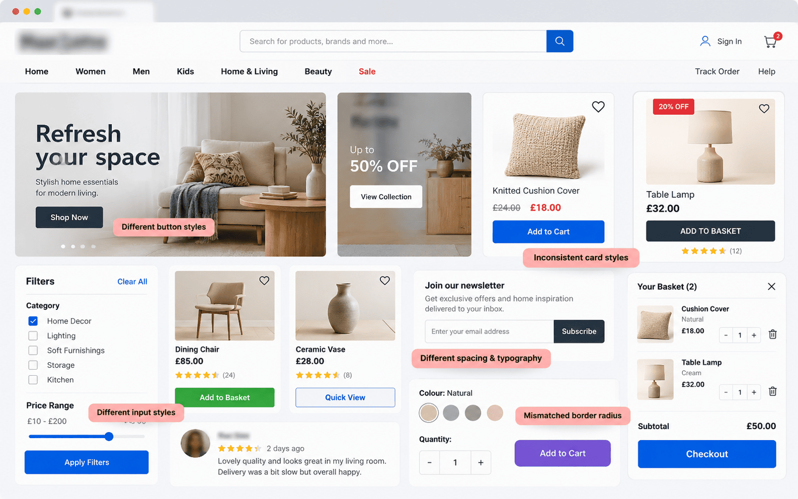 Inconsistent UI buttons and old e-commerce elements