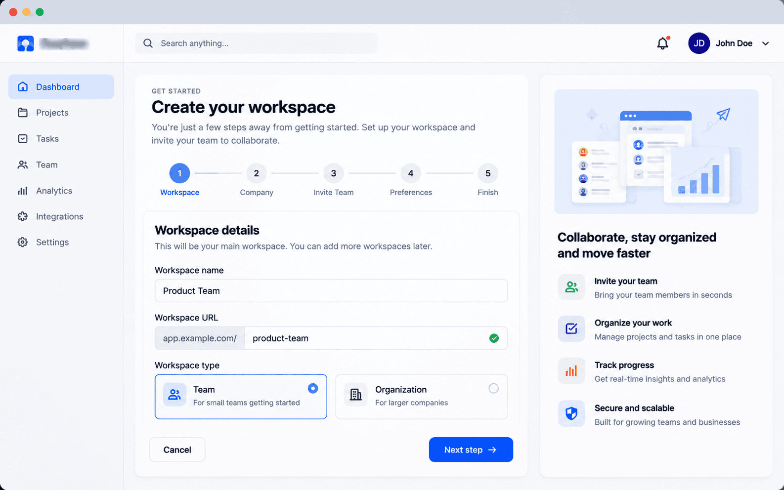 User onboarding flow UI