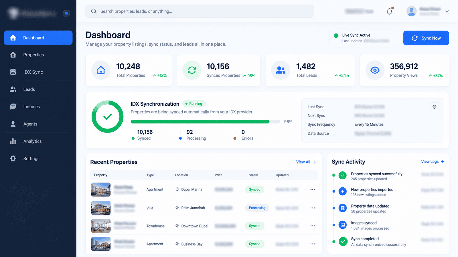 CRM synchronization dashboard