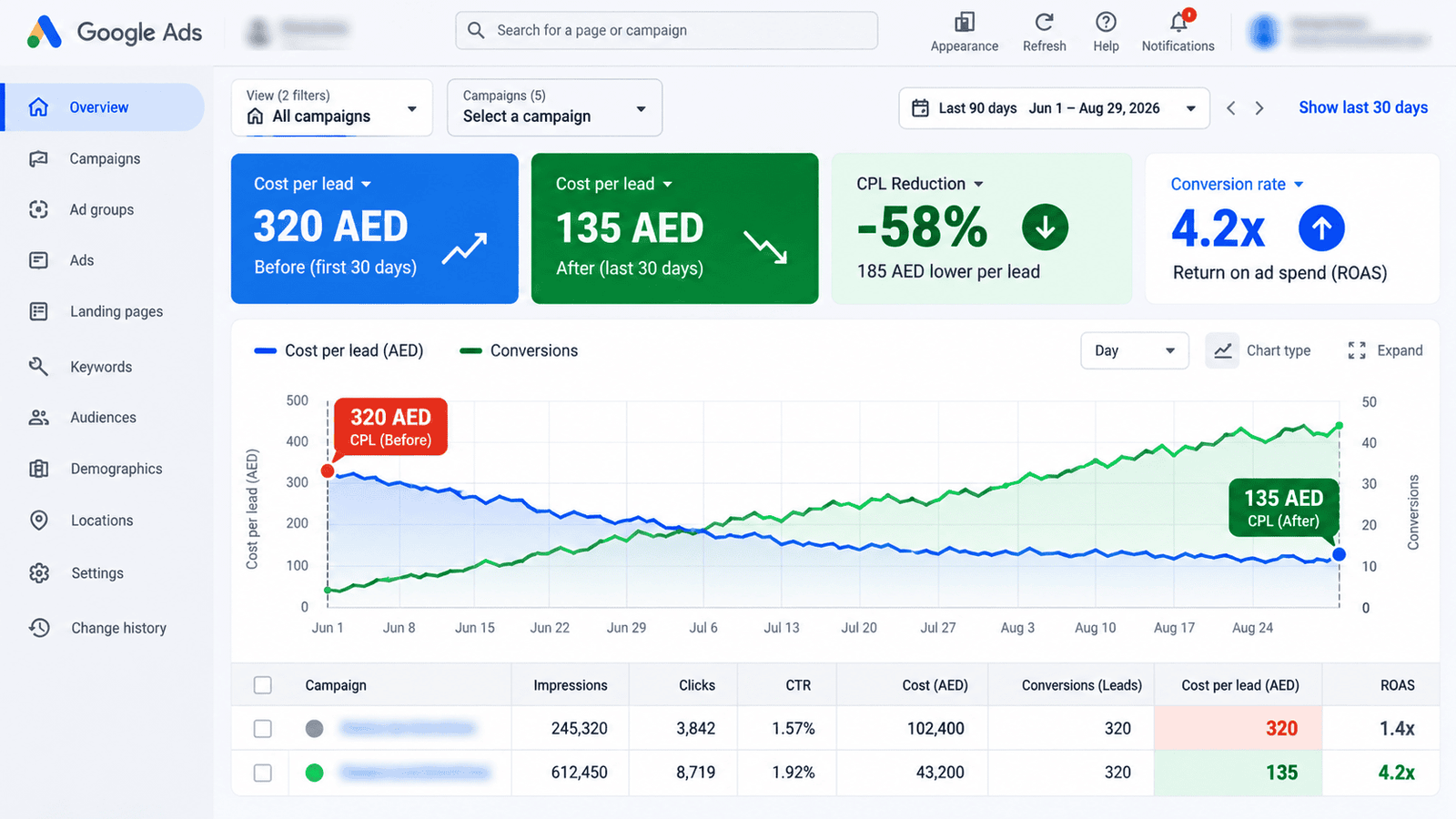 Google Ads dashboard displaying 58% reduction in Cost Per Lead
