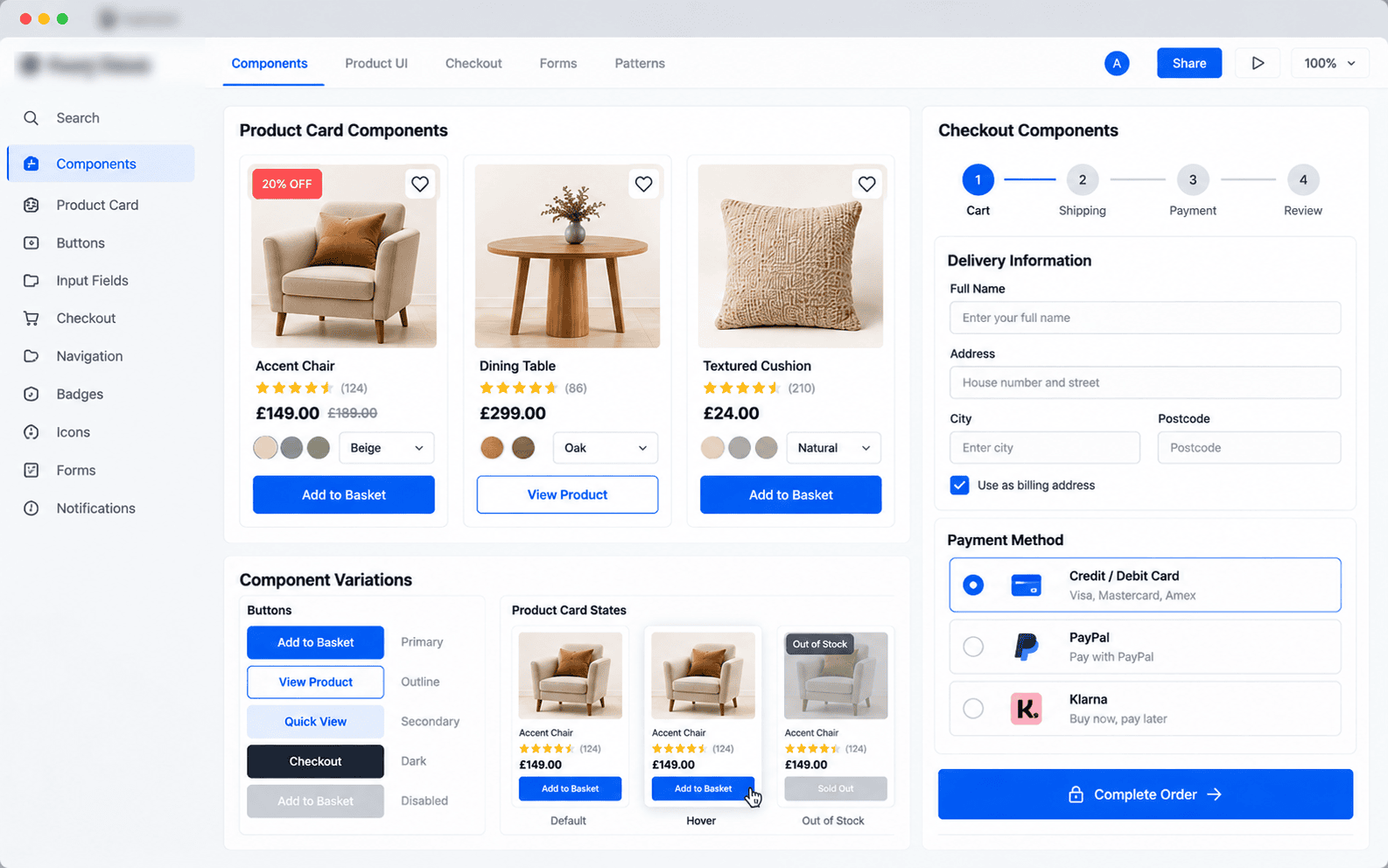 Modular product cards and checkout components