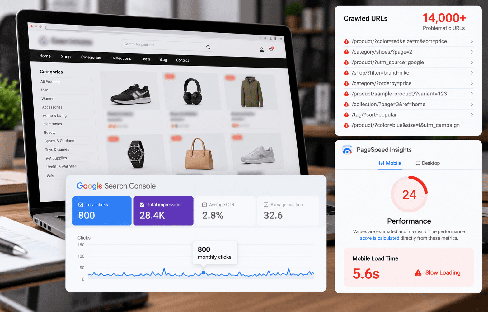 Previous WooCommerce store architecture with bloated URLs and flat traffic