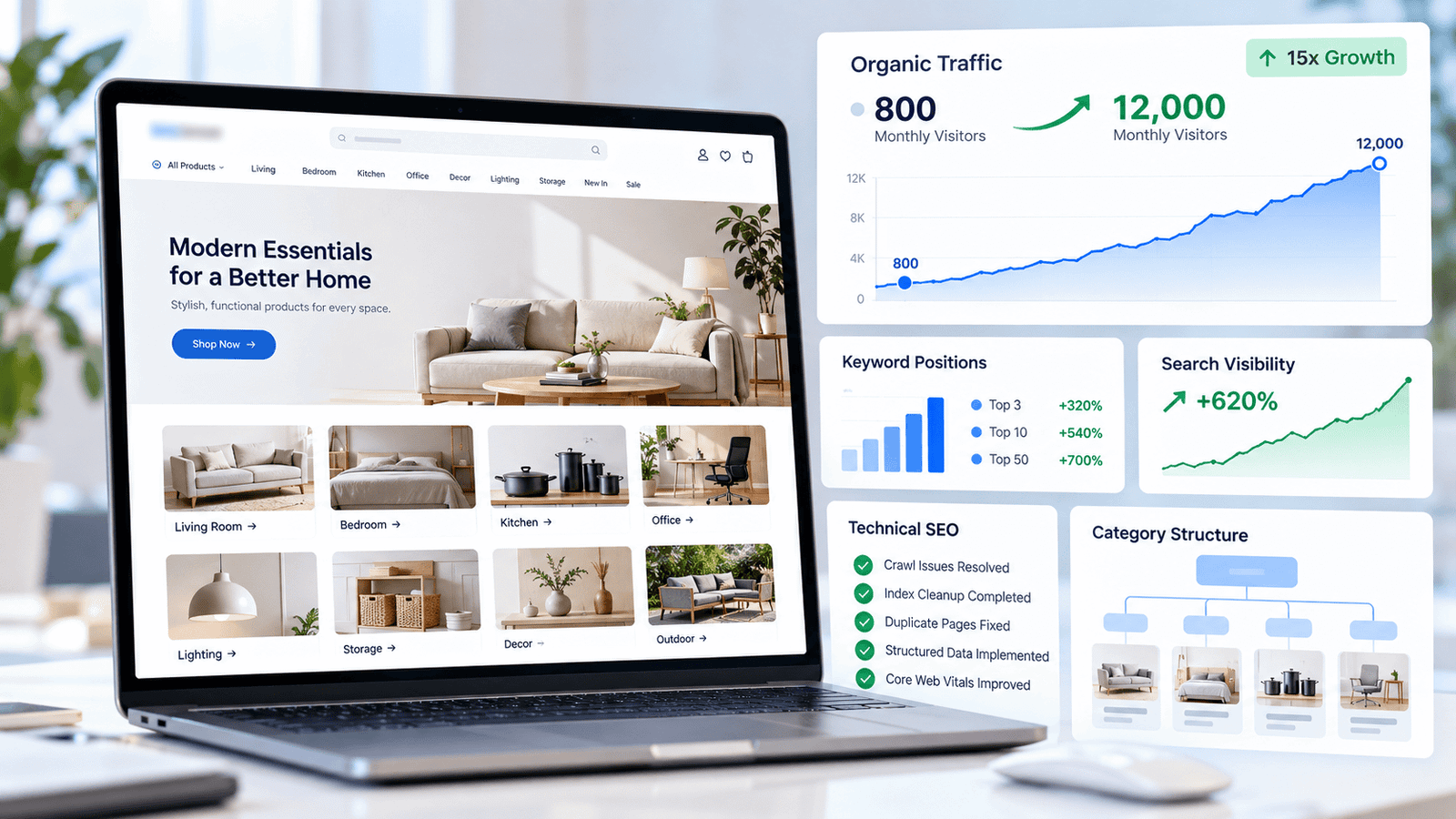 WooCommerce store technical SEO and organic traffic scale mockup