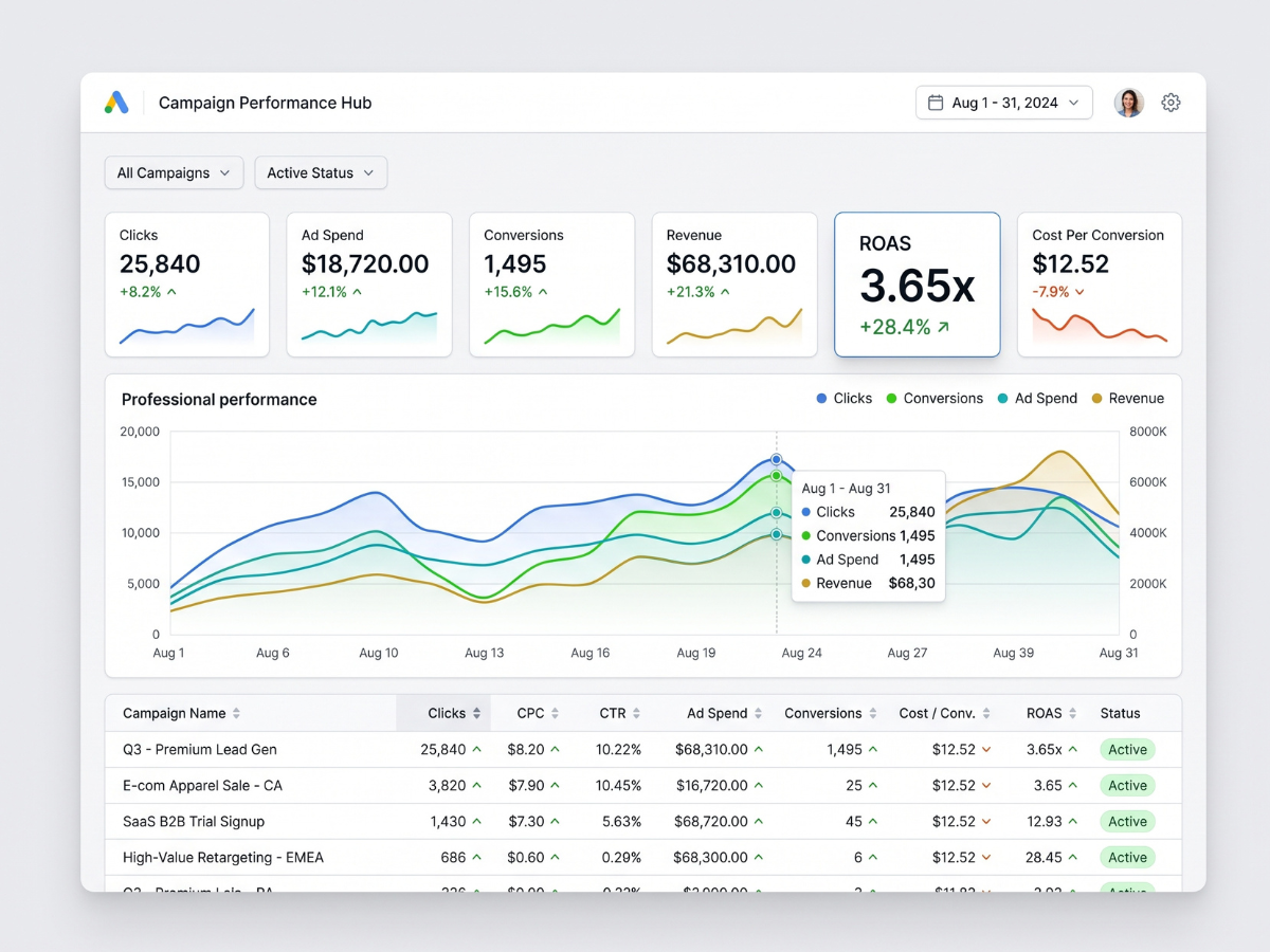 Paid Advertising PPC — Google Ads Meta Ads TikTok ROAS Dashboard