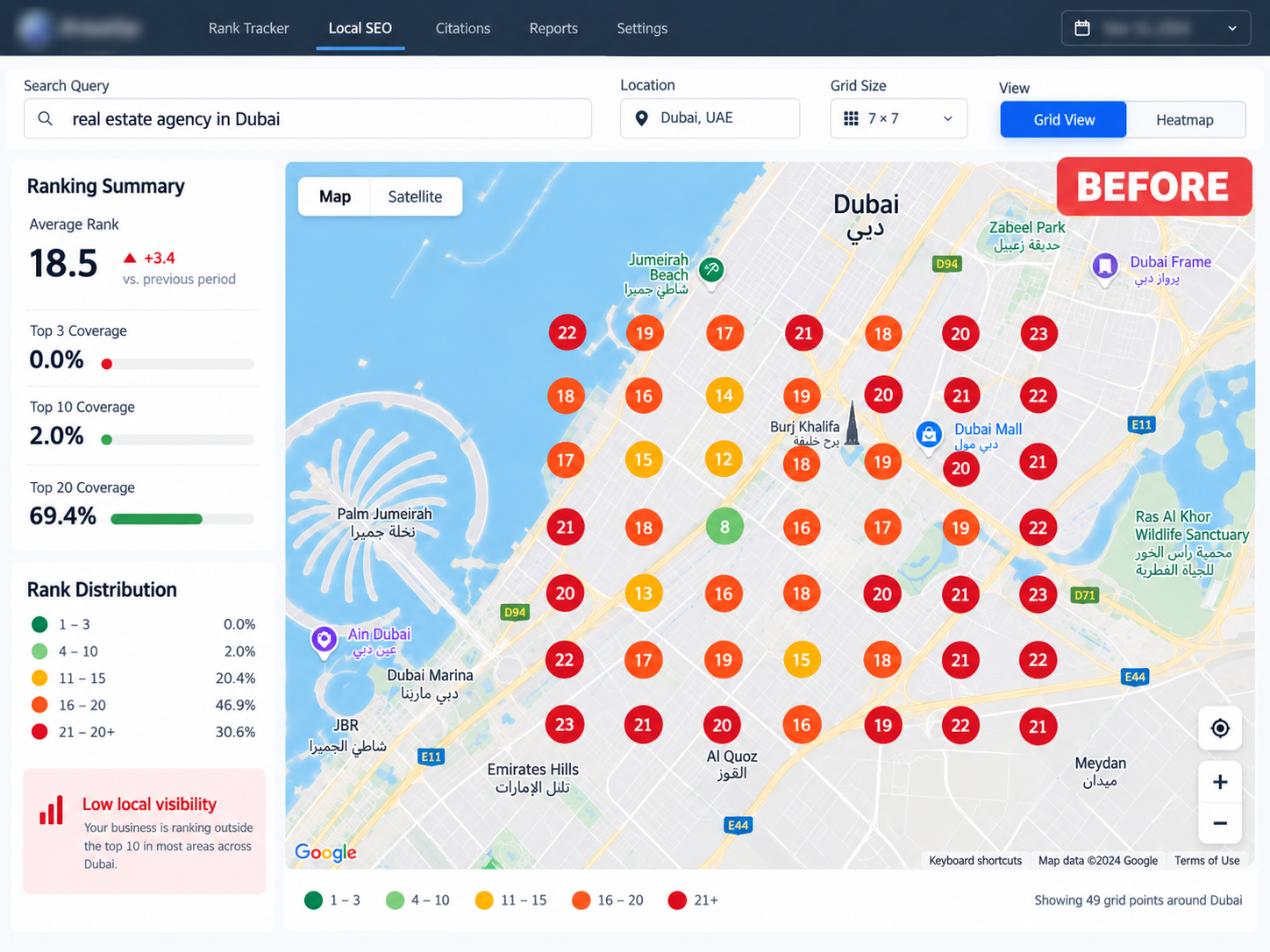 Google Maps geo-grid heatmap before local SEO showing widespread red rankings