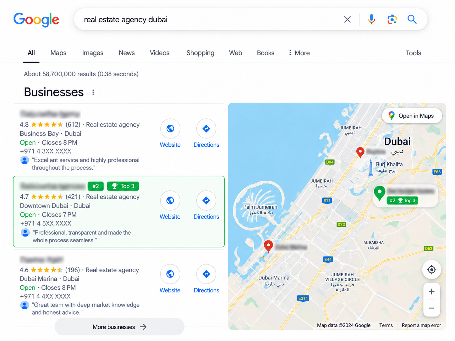 Dubai property agency Google Map Pack 3-pack listing result