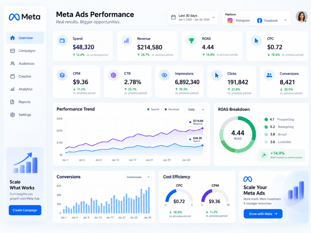 Meta Ads Facebook Instagram ROAS Dashboard